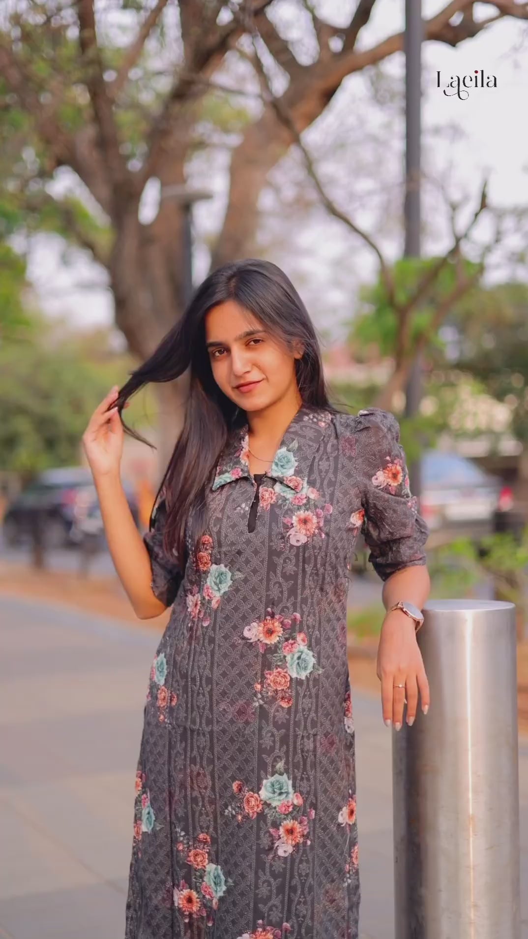 Black floral Georgette top with puff sleeve